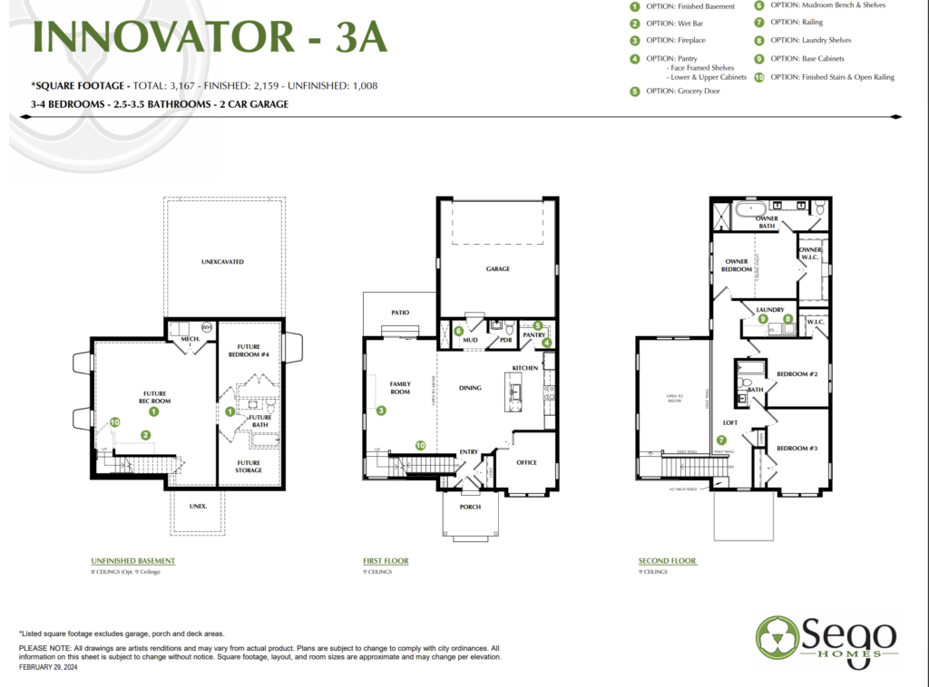 Floor plan titled Innovator 3A in the picturesque Cascade Village offers a flexible layout with 3-4 bedrooms, 2-3.5 bathrooms, and a spacious 2-car garage.